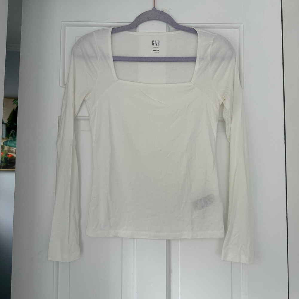 Gap White Square Neck Rib Tee Long Sleeve in Size Small Petite